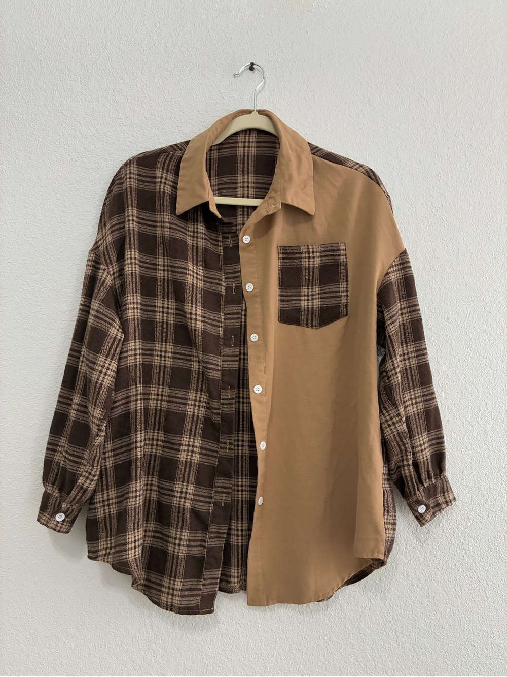 SHEIN Brown Plaid & Tan Two-Tone Button-Down Shirt